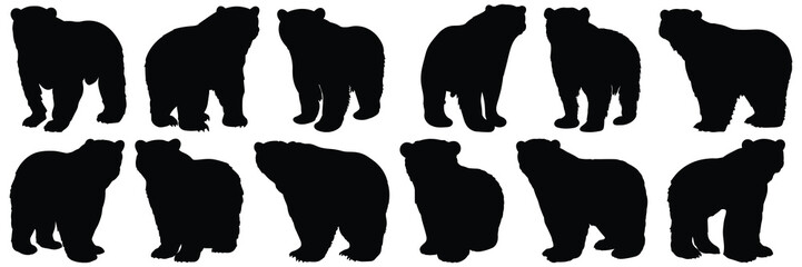 Polar bear silhouettes set, large pack of vector silhouette design, isolated white background