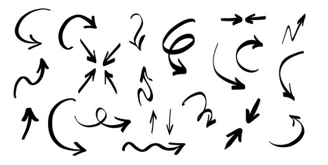 Vector set of hand drawn arrows. Black arrows isolated on white background.