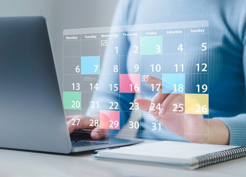 Planning and Scheduling Calendar of meetings, events and activities Time management Notifications and reminders of important events Woman sitting with laptop on work calendar