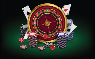 Casino roulette wheel with white poker cards, casino chips and red dice on green background