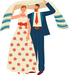 Jewish bride and groom in traditional wedding attire under tallit. Happy couple in a Jewish marriage ceremony. Cultural wedding celebration vector illustration.