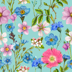Seamless pattern with watercolor flowers. Hand-drawn illustration. - 706512776