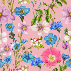 Seamless pattern with watercolor flowers. Hand-drawn illustration. - 706512778