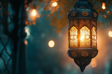 Ramadan Kareem Arabic lantern with bokeh burning candle glowing at night ai generative