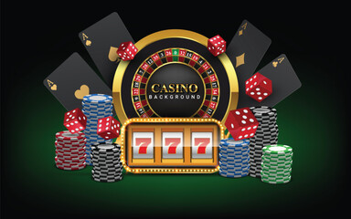 Casino golden roulette wheel with black poker cards, casino slot machine, casino chips and dice on green background
