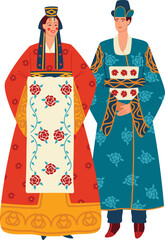 Korean couple in traditional hanbok attire. Man and woman wear colorful clothes with floral patterns. Culture of Korea, national dress vector illustration.