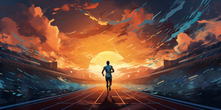 Artistic male athlete running fitness concept. Male runner abstract colorful art background.