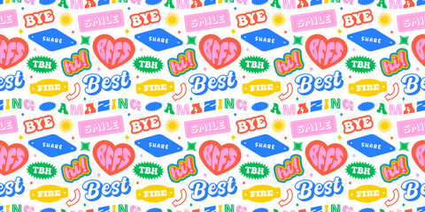 Funny retro text quote sticker seamless pattern. Colorful vintage style typography sign background. Fun repeat texture print with slang lettering, comic word icon.