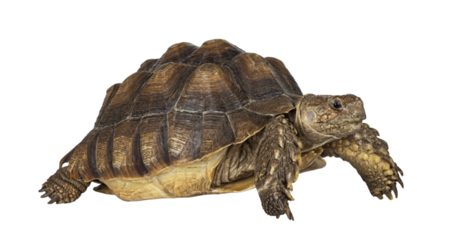 Female Sulcata Tortoise aka Centrochelys sulcata, walking side ways high on legs. Looking side ways. Isolated cutout on transparent background.