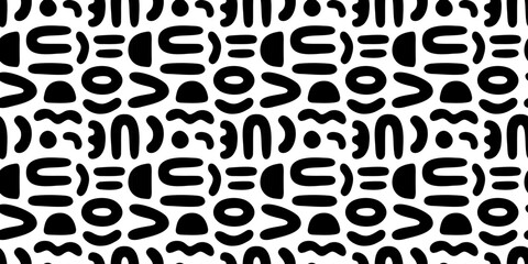 Abstract organic shape seamless pattern with black and white geometric doodles. Flat cartoon background, simple random shapes print texture. - obrazy, fototapety, plakaty