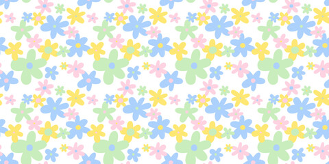 Trendy floral seamless pattern illustration. Vintage 70s style hippie flower background design. Colorful pastel color groovy artwork, y2k nature backdrop with daisy flowers.