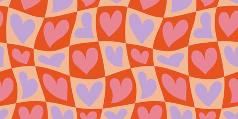 Red love heart seamless pattern illustration. Checkered romantic pink hearts background print. Valentine's day holiday backdrop texture, romantic wedding design.	