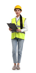 Engineer in hard hat holding clipboard on white background