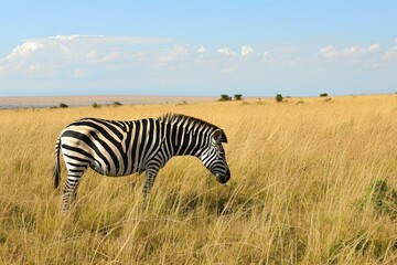 Fototapeta premium Zebra Roaming Free in the Savannah with Distant Horizon. Generative AI.