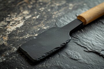 Black silicone dough scraper on a dark granite baking surface - obrazy, fototapety, plakaty