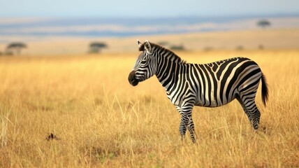 Zebra in Profile with the Expansive Savannah as Backdrop. Generative AI.