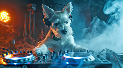 funny terrier dog DJ with  headphones in night club