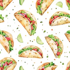 watercolor taco’s seamless pattern in the middle of a white background