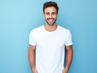 Close up view of attractive man wearing white t-shirt