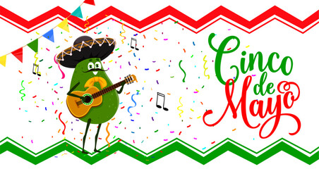 Cinco De Mayo banner with cartoon avocado character for Mexican holiday, vector background. Funny avocado mariachi musician in sombrero with guitar, music notes and confetti for Cinco De Mayo fiesta