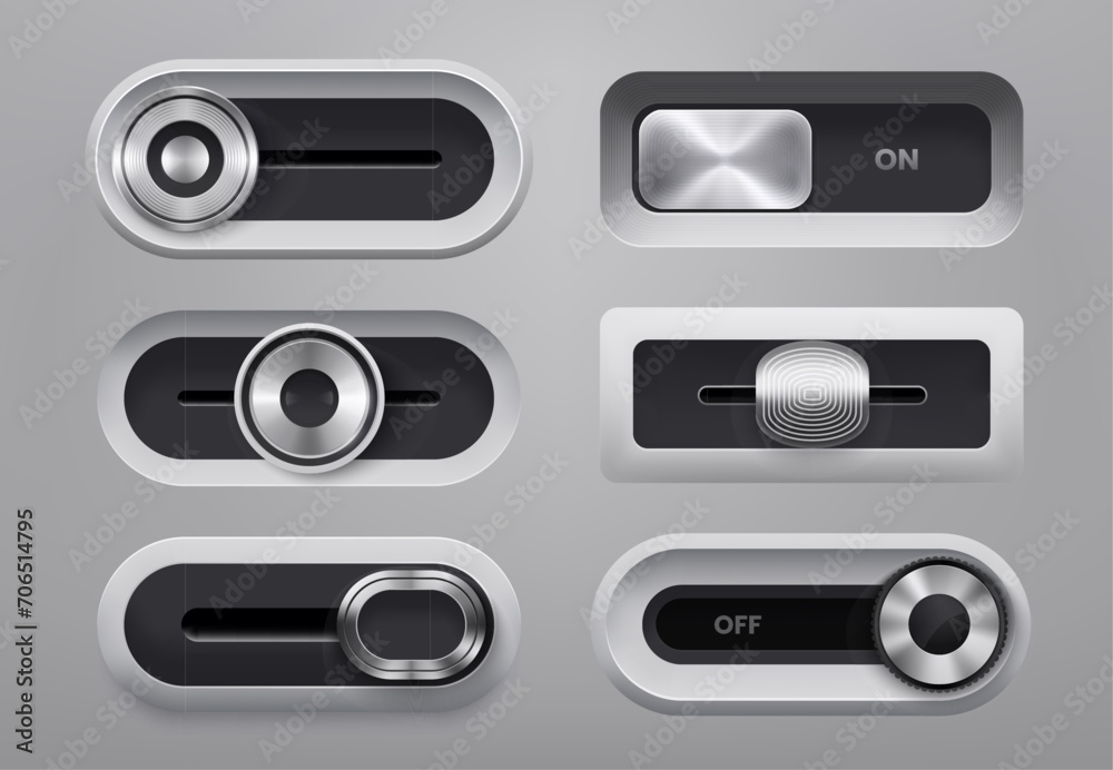Fototapete UI interface metal slider bar buttons and switch toggles, realistic vector. Power off and off control slide toggles for UI settings panel menu of media player or music sound volume slider buttons