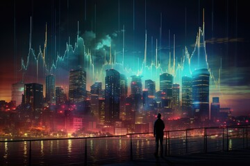 A lone man gazes upon the bright lights of a sprawling city at night, A steeply rising stock market chart in a cyberpunk style, AI Generated