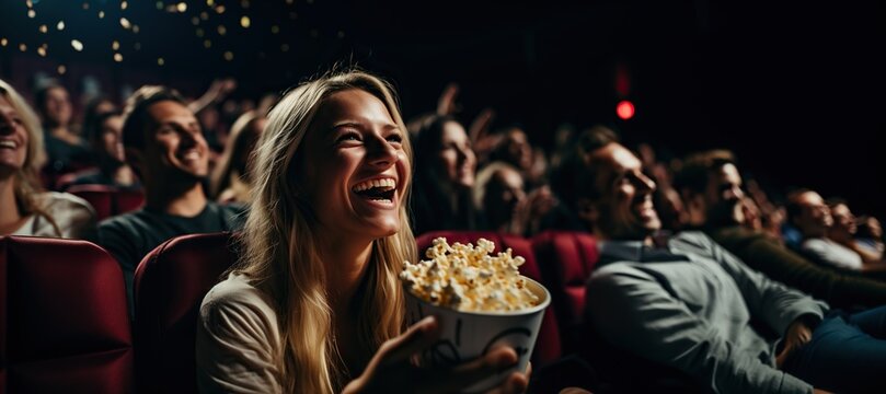 Amigos viendo película de comedia en el cine y riendo a carcajadas. Público en butacas de teatro con palomitas y bebidas disfrutando del tiempo de ocio.