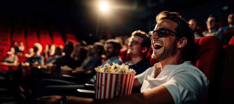 Amigos viendo pel&iacute;cula de comedia en el cine y riendo a carcajadas. P&uacute;blico en butacas de teatro con palomitas y bebidas disfrutando del tiempo de ocio.