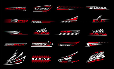 Race sport, car stripe stickers and racing line decals, vector auto vehicle vinyl wraps. Race sport car stripe stickers with speed checker flag, fast arrow and tire wheel for racing sport line decals