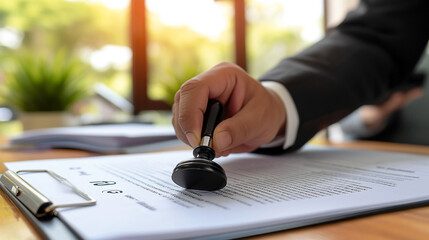Fototapeta premium Businessman holding a stamp Pump it into the employment contract document. or various documents within the office