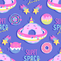 Fashion abstract seamless pattern with space donuts, planet, cosmic elements. Cool background on cute style for  girl