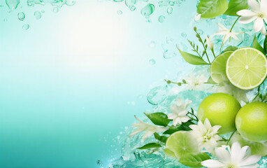 a green background with limes and flowers on it and water droplets on the bottom of the image and a blue background with a white flower, generative ai