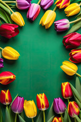 multicolored blooming tulips on green background with round space for text