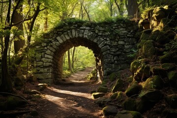 A majestic stone arch gracefully stands amidst the dense foliage of a picturesque forest, A sun-dappled forest path leading to a mysterious stone arch, AI Generated
