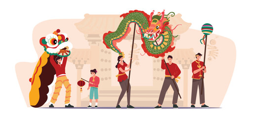 People characters for Chinese new year parade, isolated on beige background. Asian Men and Women performing traditional dragon and lion dance.  Flat Characters Cartoon Vector Illustration.