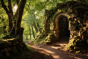 A captivating stone arch stands amidst the lush greenery of the forest, A sun-dappled forest path leading to a mysterious stone arch, AI Generated