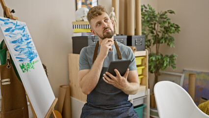 A contemplative young man with a beard in an apron holding a tablet in an art studio surrounded by...