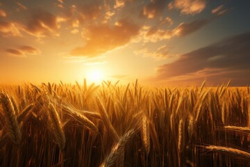 A mesmerizing view of a field of wheat, gently swaying under the golden sunset sky, A sun-kissed wheat field stretching toward a dusky horizon, AI Generated