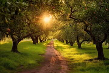 Obraz premium A peaceful dirt road meanders through a scenic landscape, surrounded by towering trees and lush green grass, A sunlit path through an organic apple orchard, AI Generated