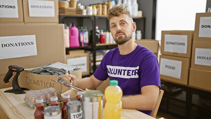 Handsome young man with a beard volunteering in a donation center, surrounded by boxes of food and other items. - obrazy, fototapety, plakaty