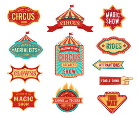 Retro tent circus signs and vintage carnival signboards or direction pointers, vector set. Circus or funfair carnival poster for magic show, food and drink booth pointing finger sign or signboard - obrazy, fototapety, plakaty