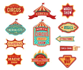 Poster Retro tent circus signs and vintage carnival signboards or direction pointers, vector set. Circus or funfair carnival poster for magic show, food and drink booth pointing finger sign or signboard © Vector Tradition