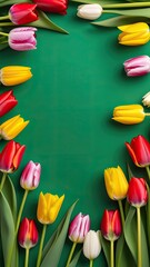 multicolored blooming tulips on green background with round space for text