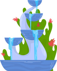 Water flowing in modern blue indoor fountain with green leaves and pink flowers. Serene interior water feature design vector illustration.