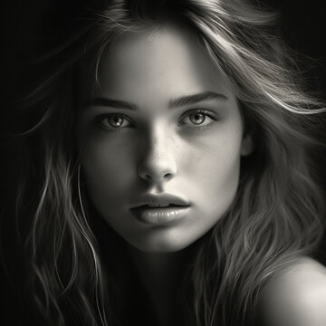 Fotografia en blanco y negro de rostro de atractiva mujer con mirada intensa