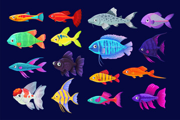 Cartoon aquarium fishes. Vector goldfish, swordtail fish, flower horn fish. Telescope, catfish with scalar, angel fish and guppy with green tiger barb, tropical colorful underwater exotic animals set - obrazy, fototapety, plakaty