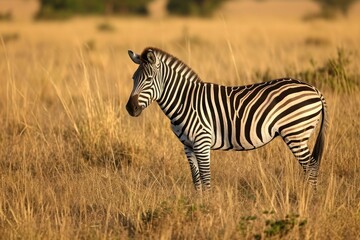 Fototapeta na wymiar Young Zebra Standing Alert in the Savannah Grass. Generative AI.