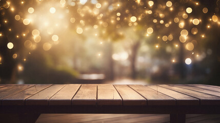 Wooden table against bokeh of trees in city at night.