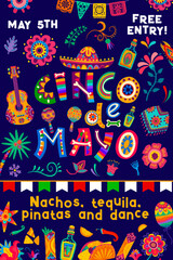 Cinco de Mayo holiday party flyer with fiesta carnival vector pattern. Mexican guitar, sombrero, maracas and papel picado flags, traditional food and tequila drink banner with latino floral ornaments