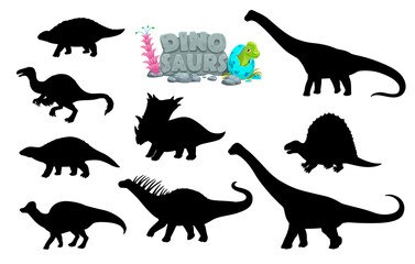 Cartoon dinosaurs comical characters silhouettes. Pelorosaurus, Deinocheirus, Chasmosaurus Jurassic era reptiles, Nodosaurus and Hypacrosaurus, Dimetrodon dinosaurs vector personage silhouettes